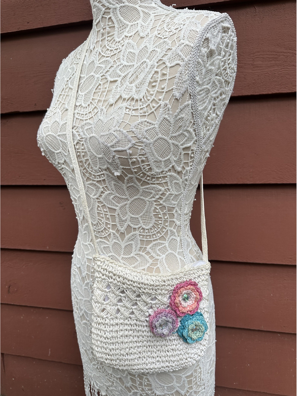 Crochet Shoulder Bag with Floral Applique